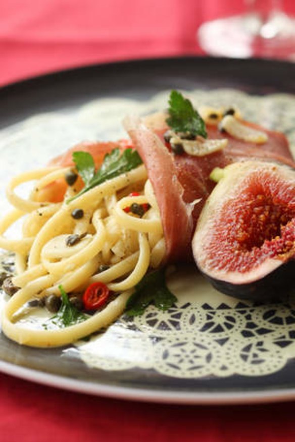Easy-does-it: Prosciutto-wrapped linguine with chilli, lemon and figs.