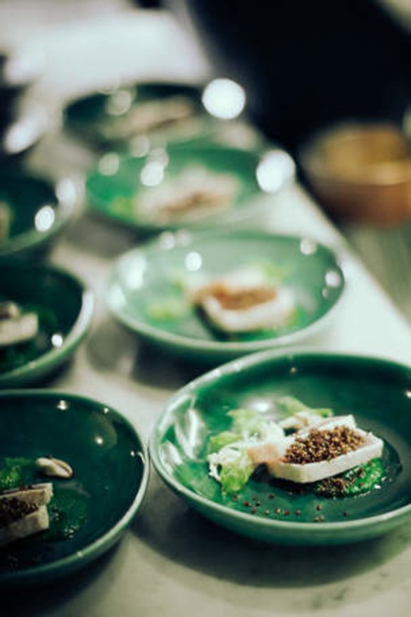 Albacore tuna, mustards, quinoa and pickled mushrooms, served at Saint Crispin.