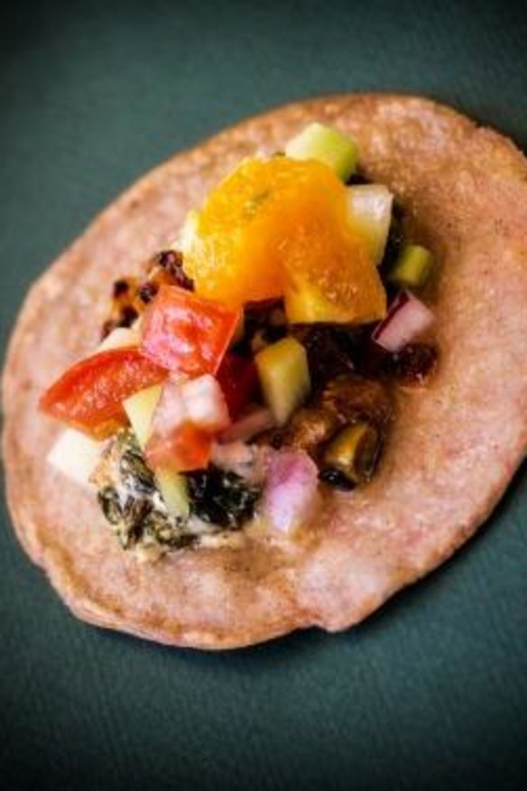 The finished product: Blue-corn tortilla with braised greens and salsa.