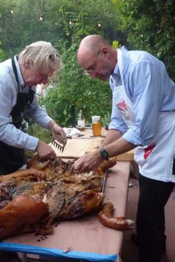 Serving the pork, with pitmaster Jack Hitt.