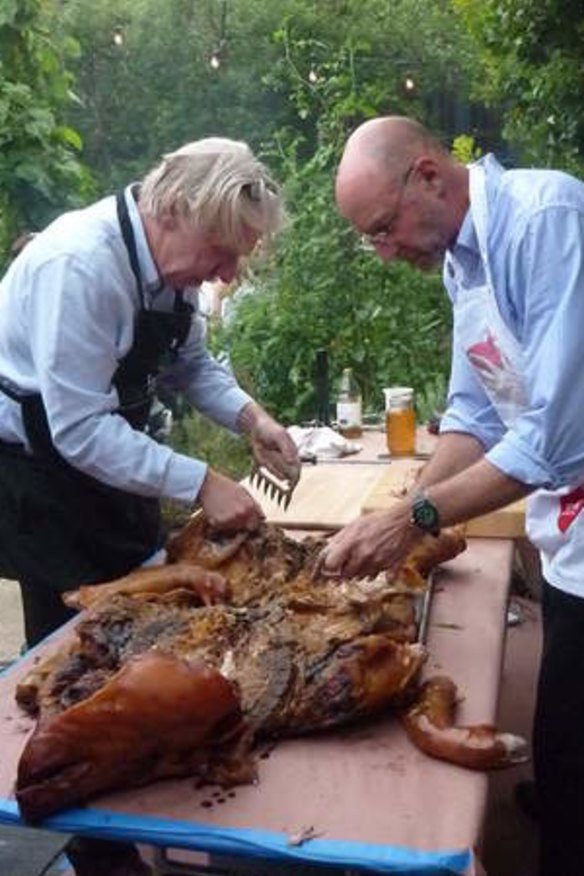 Serving the pork, with pitmaster Jack Hitt.