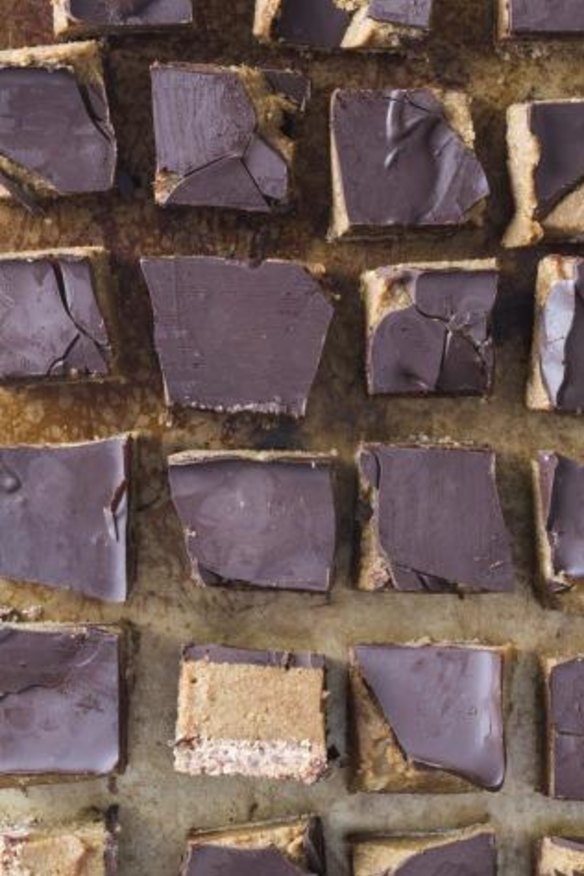 Date and cashew caramel chocolate slice.