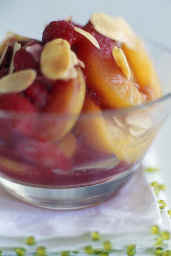 Summer dessert of stewed apricots with raspberry compote.