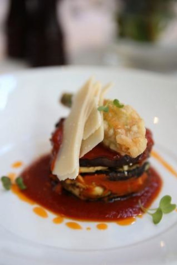 Eggplant, zucchini, smoked mozzarella, Napoli sauce, truffled ricotta and zucchini flower.