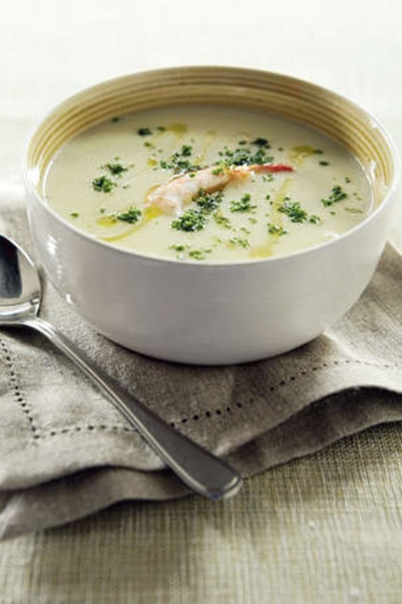 Potato and garlic soup with prawns.