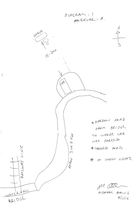 The map drawn by Michael Atkins of where he buried boyfriend Matthew Leveson in the Royal National Park.