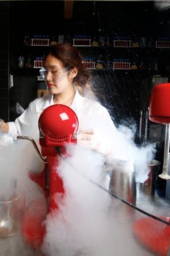 Liquid nitrogen is used to prepare a gelato creation at The Lab Nitrogen Gelato.