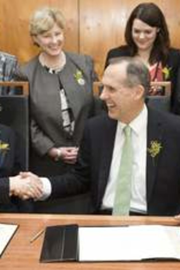 The Greens sign a deal in support of the Australian Labor Party in Julia Gillard's office at Parliament House.