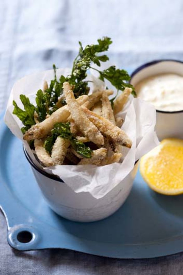 Whitebait 'chips' with green tabasco mayonnaise.