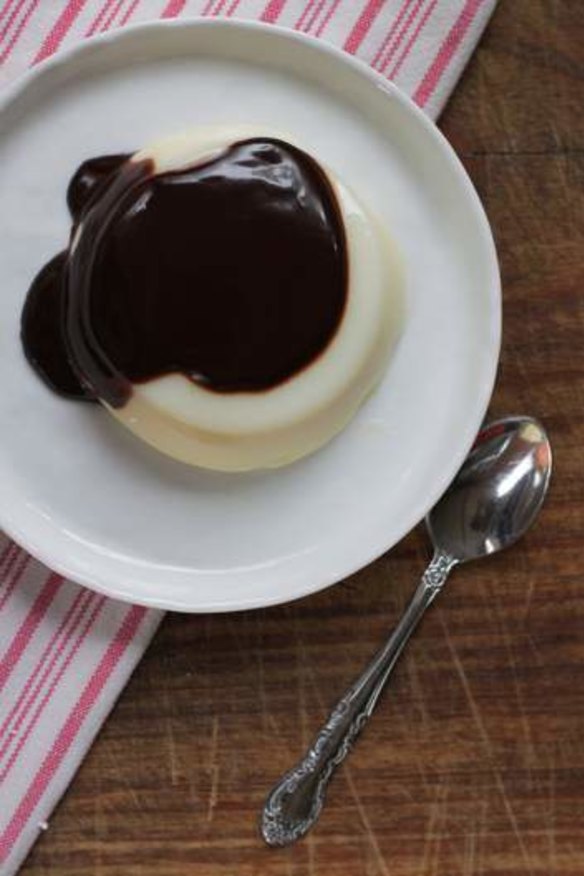 Panna cotta, with chocolate-espresso sauce.