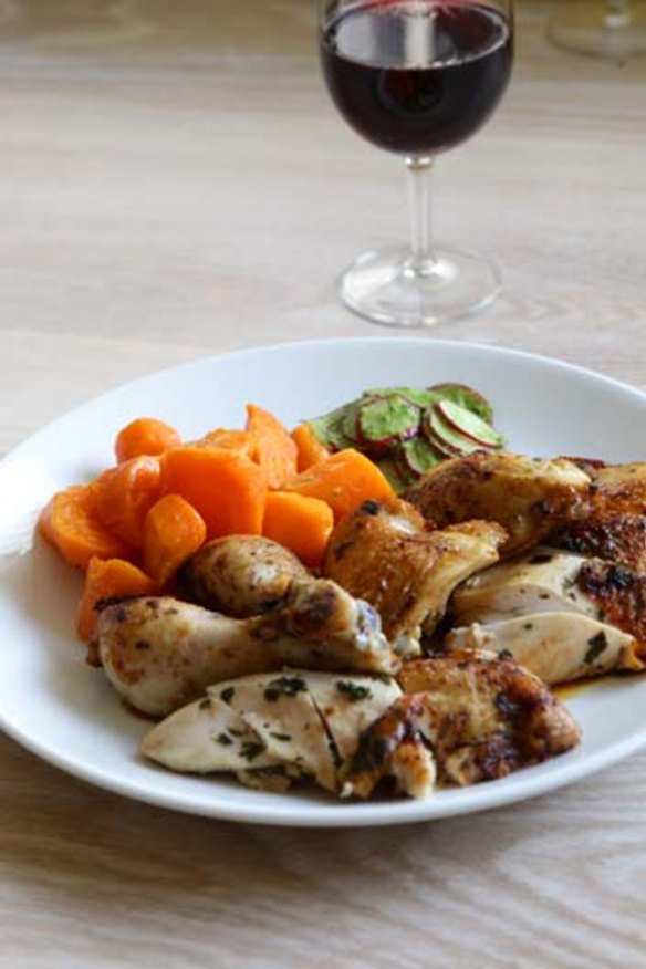 Go-to-dish: Poulet roti for two with confit garlic, herbs, carrots and radishes $56.