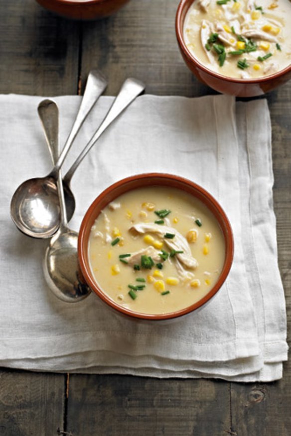 Freezer-friendly chicken and corn soup.