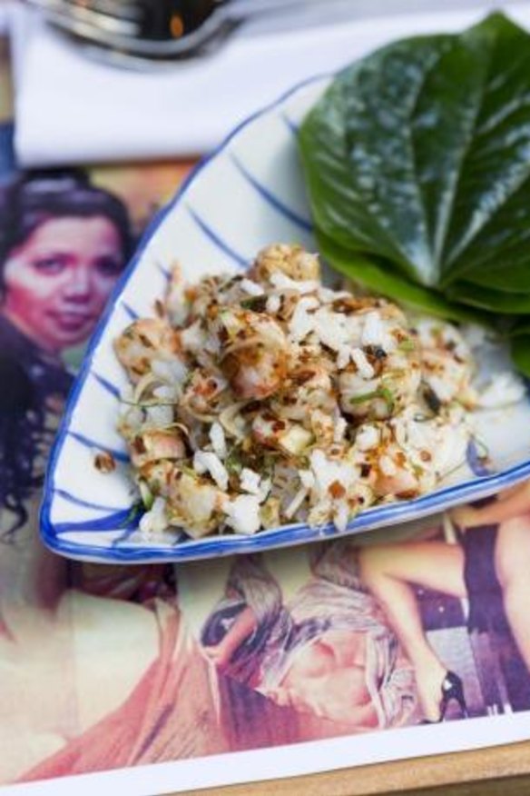 Betel leaves with prawn, punchy chilli and crunchy rice.