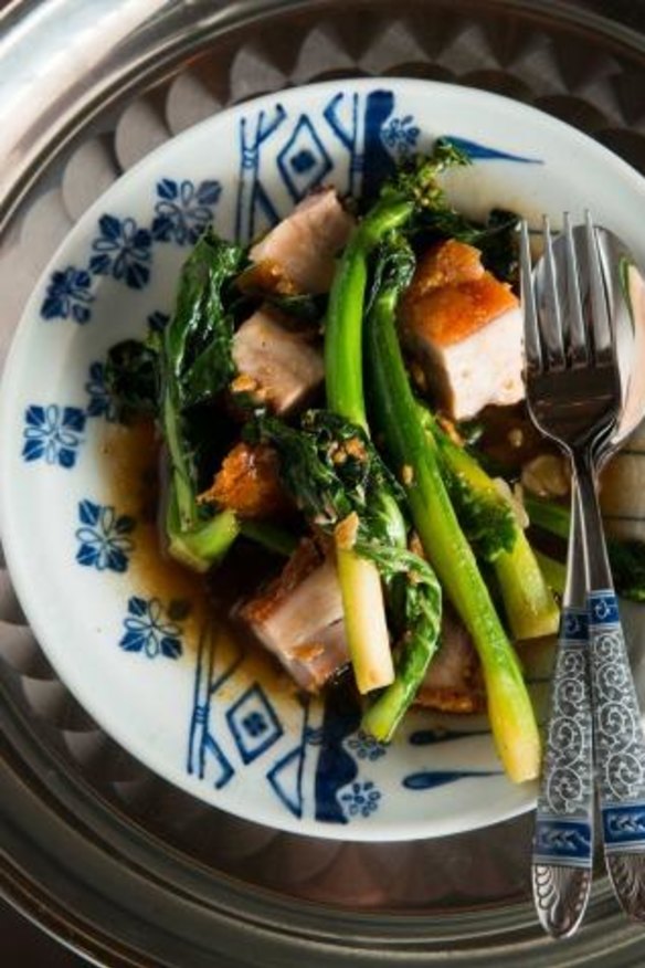 Pork stir-fried with Chinese broccoli.