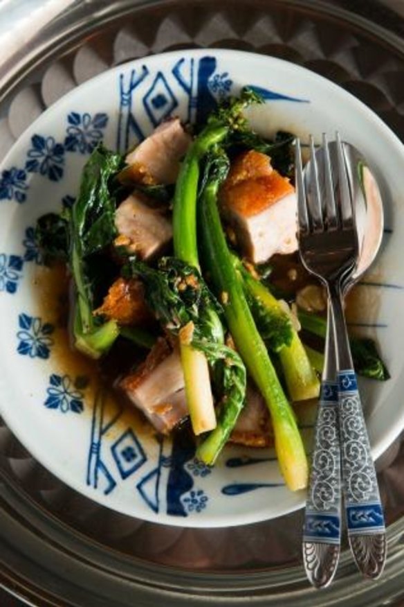 Pork stir-fried with Chinese broccoli.