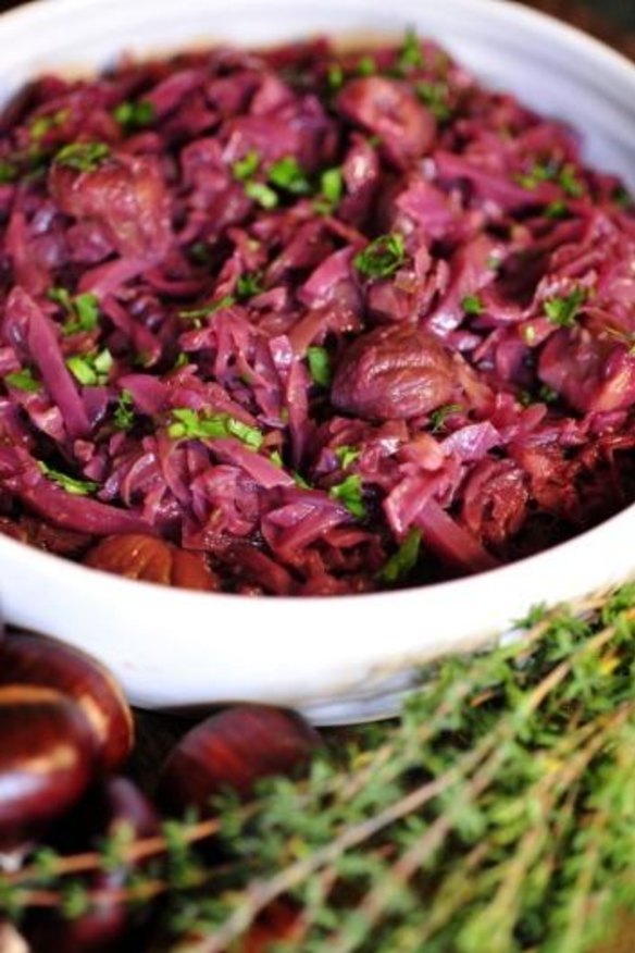 Braised red cabbage with chestnuts.
