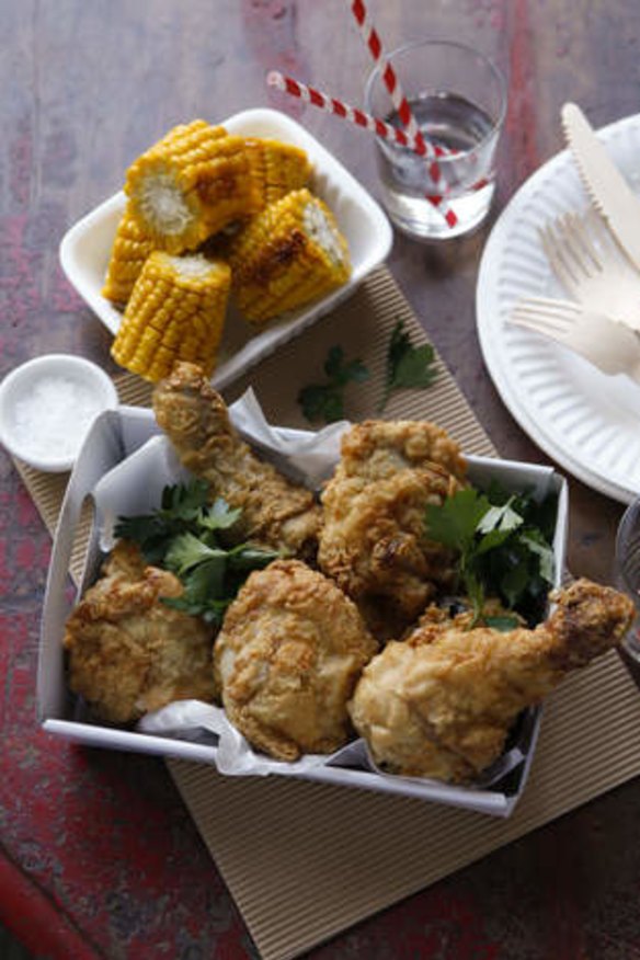 Jill Dupleix's buttermilk fried chicken with corn.