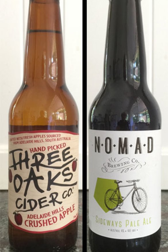 Three Oaks Cider is made from apples grown in the Adelaide Hills, and Nomad Brewing's Sideways Pale Ale is a hoppy brew.