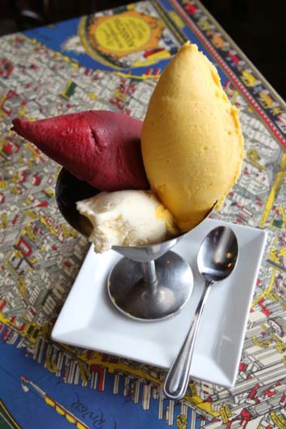 Three of a kind ... blackcurrant-blueberry and mango sorbets with passionfruit cream gelato.