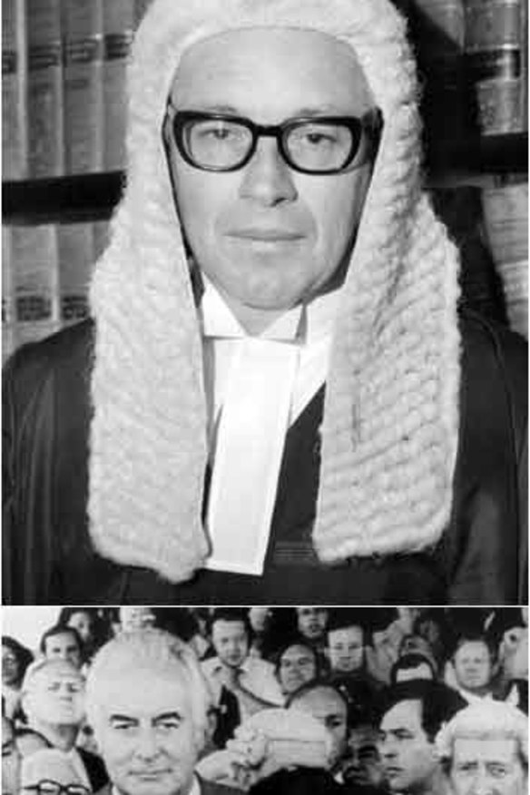 From top: Sir John Kerr (left) is sworn in as governor-general in 1974 with Gough Whitlam behind him; Sir Anthony Mason in 1972; Whitlam listens as Parliament is dissolved; <i>The Age</i>, November 12, 1975.