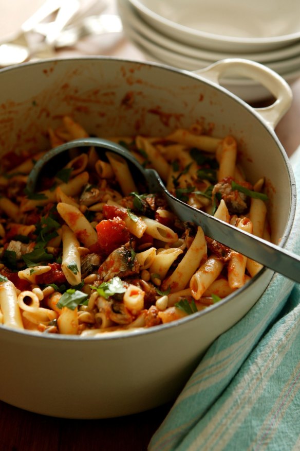 Umami-packed: Penne pasta in a tomato-based sauce with capers, sardines, anchovy fillets, pine nuts and chopped parsley. Just add parmesan.
