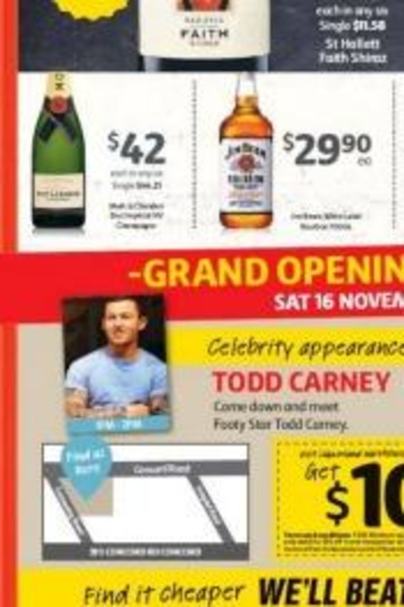 Any publicity is good publicity: The advertisement featuring Todd Carney launching a Liquorland store.