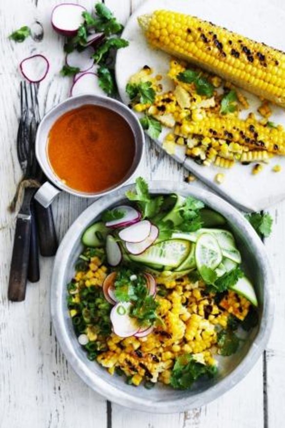 Grilled corn with cucumber, radish and coriander with smoked chilli and miso butter sauce.