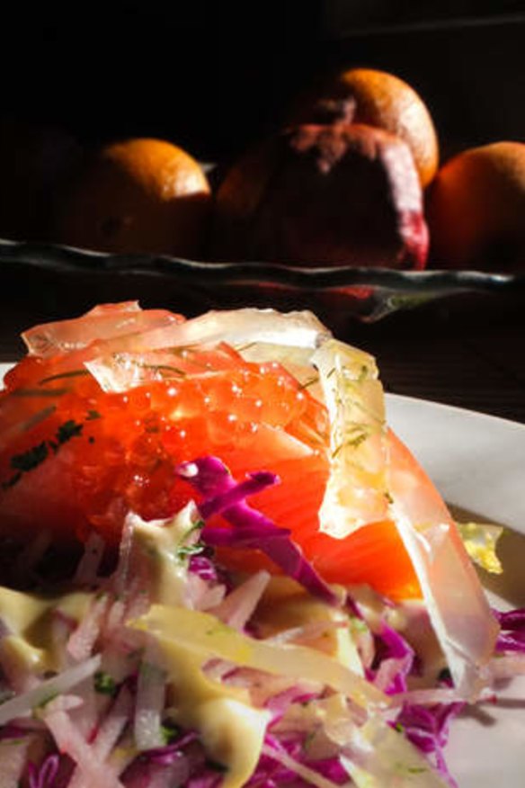 Ocean trout and roe with apple coleslaw and riesling jelly.