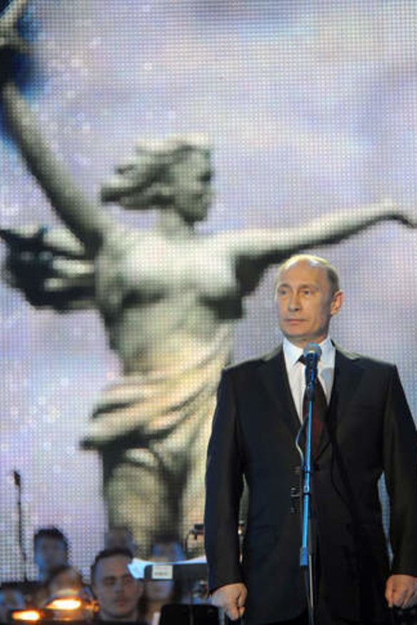 Patriotic message ... Vladimir Putin speaks at the ceremony to mark the battle's 70th anniversary.