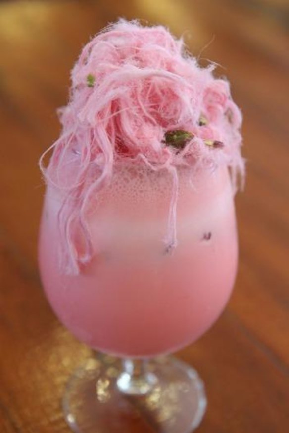 Rosewater, strawberry and vanilla milkshake with pashmak and pistachios.