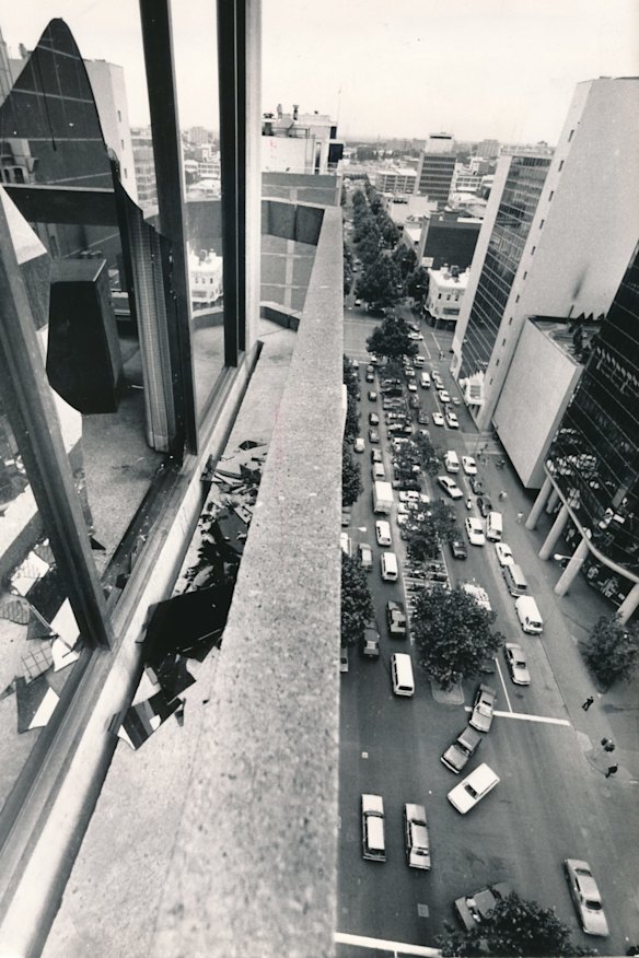 The 11th floor window of the Australian Post Headquarters where the gunman, Frank Vitkovic, jumped to his death. 