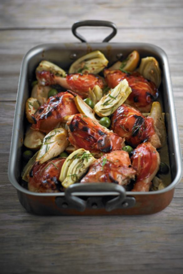 Mediterranean-inspired chicken tray bake.