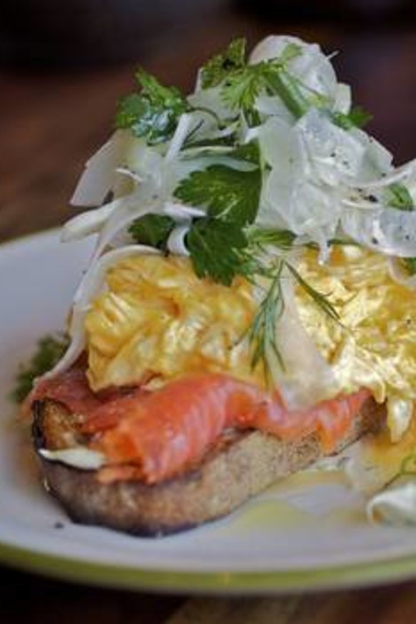 House-cured ocean trout with a fennel and herb salad, dill creme fraiche and scrambled eggs.