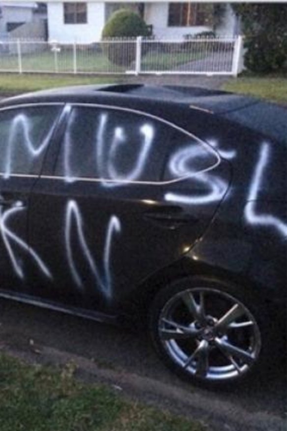A car which was damaged overnight and daubed with anti-Muslim slogans in Miller near Liverpool. 