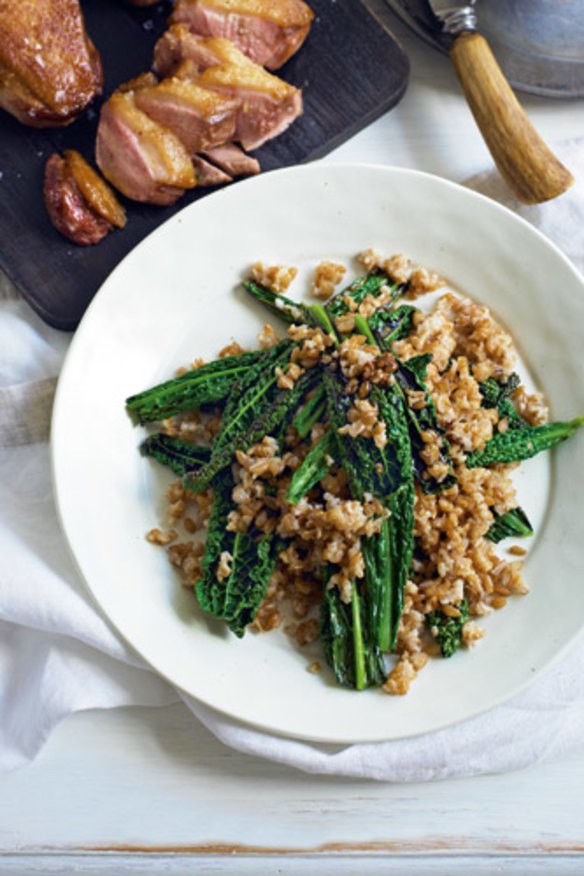 This duck dish swaps risotto for farro.