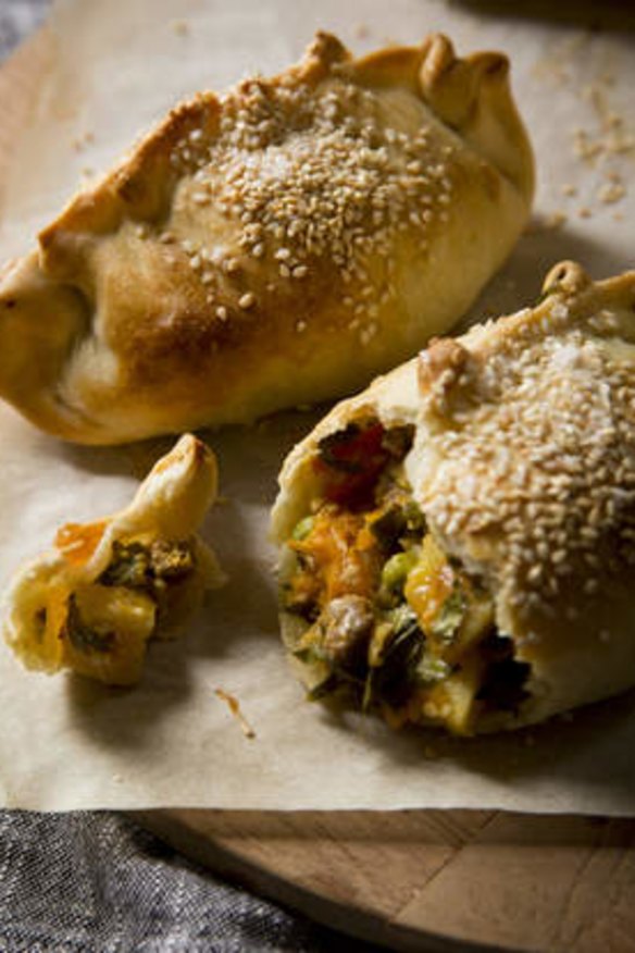 Lamb, vegetable and cheddar pasties with olive oil pastry.