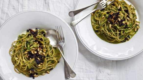 Spaghettini of zucchini mint currants pine nuts and pecorino