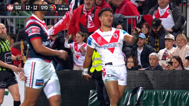 Dragons winger Sione Finau celebrated his try against the Roosters with a celebration imitating Telstra's 'Wherever We Go' ad.