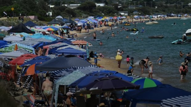 On a warm summer's day Safety Beach in Melbourne quickly fills with private tents.