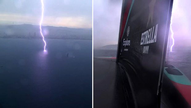 Racing had to be abandoned after fork lightning dramatically struck during Race 17 of the Louis Vuitton Cup Round Robin sailing in Barcelona.