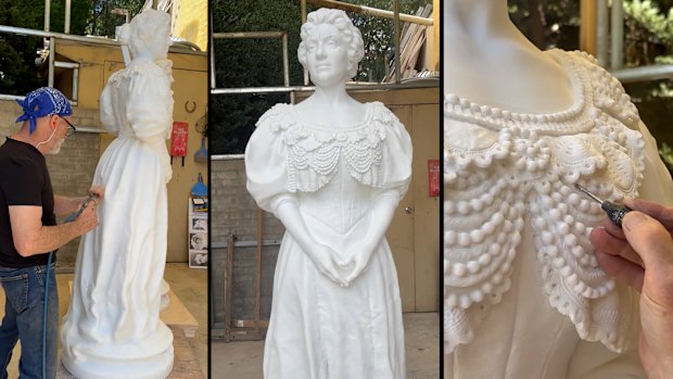 Sculptor Peter Schipperheyn crafts in his Melbourne studio statues of 19th Century international opera star Amy Sherwin that will be unveiled in Hobart in February.
