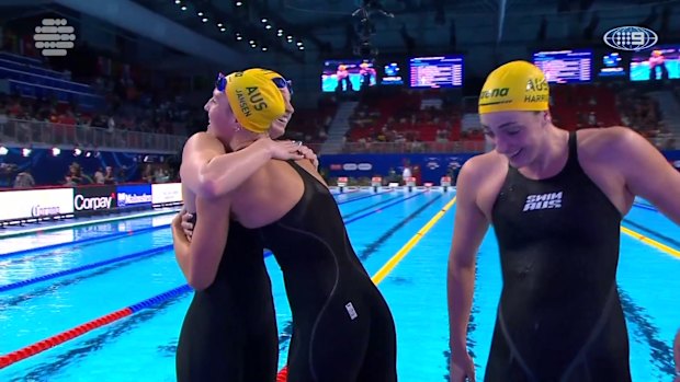 An Australian women's 4x100m freestyle relay team featuring Mollie O'Callaghan, Meg Harris, Milla Jansen and Olivia Wunsch wins gold.
