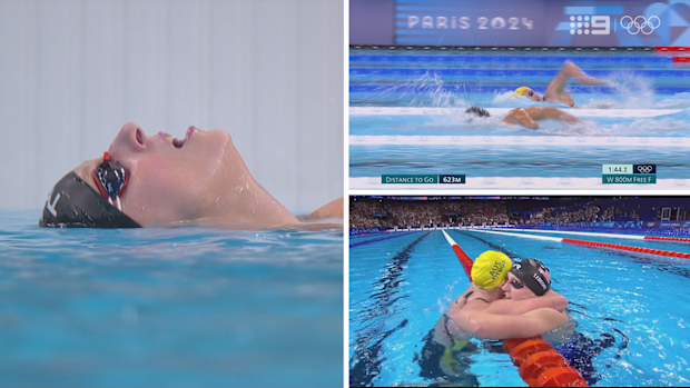 Katie Ledecky holds on in a gripping 800m freestyle final, with Ariarne Titmus claiming silver. © International Olympic Committee