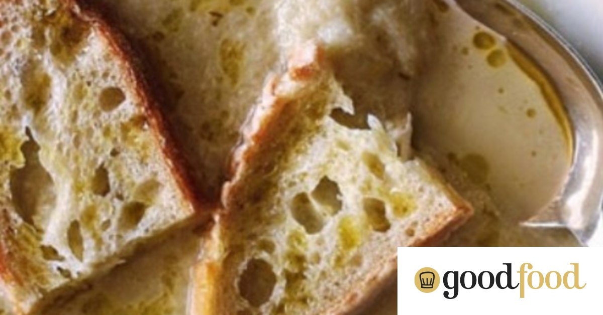 Cream of salt cod soup with garlic crostini