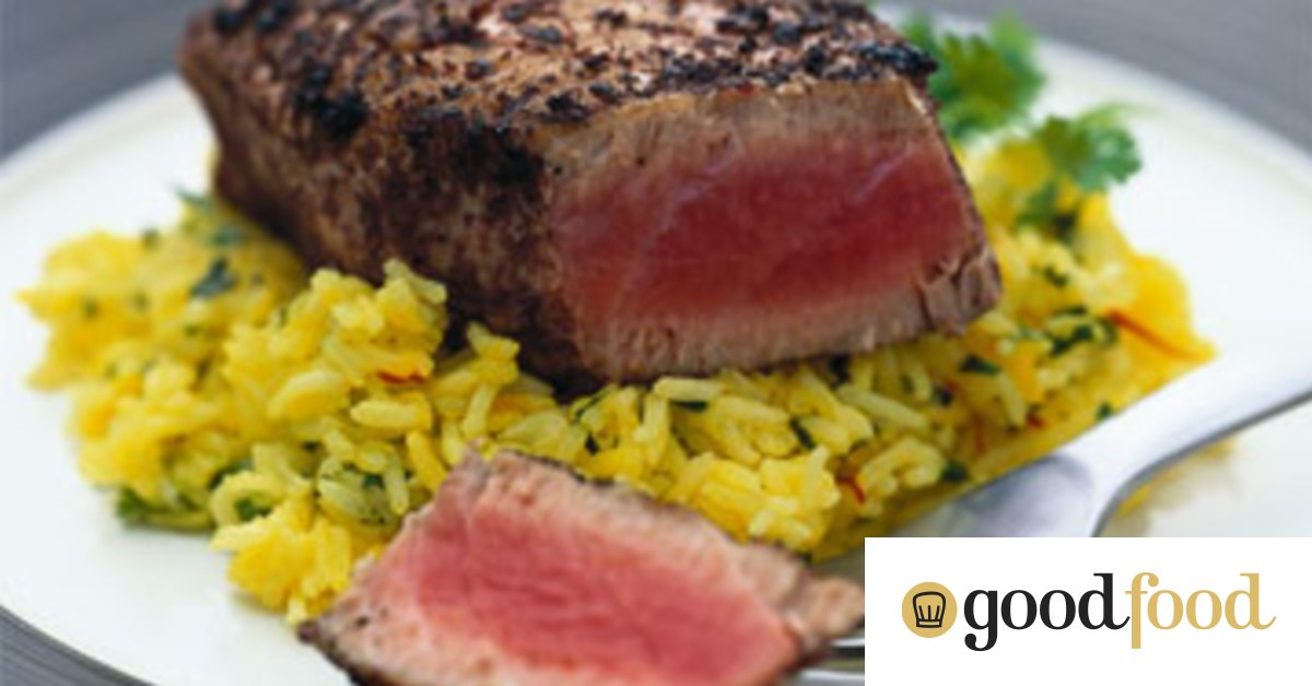 Sumaccrusted tuna with saffron rice