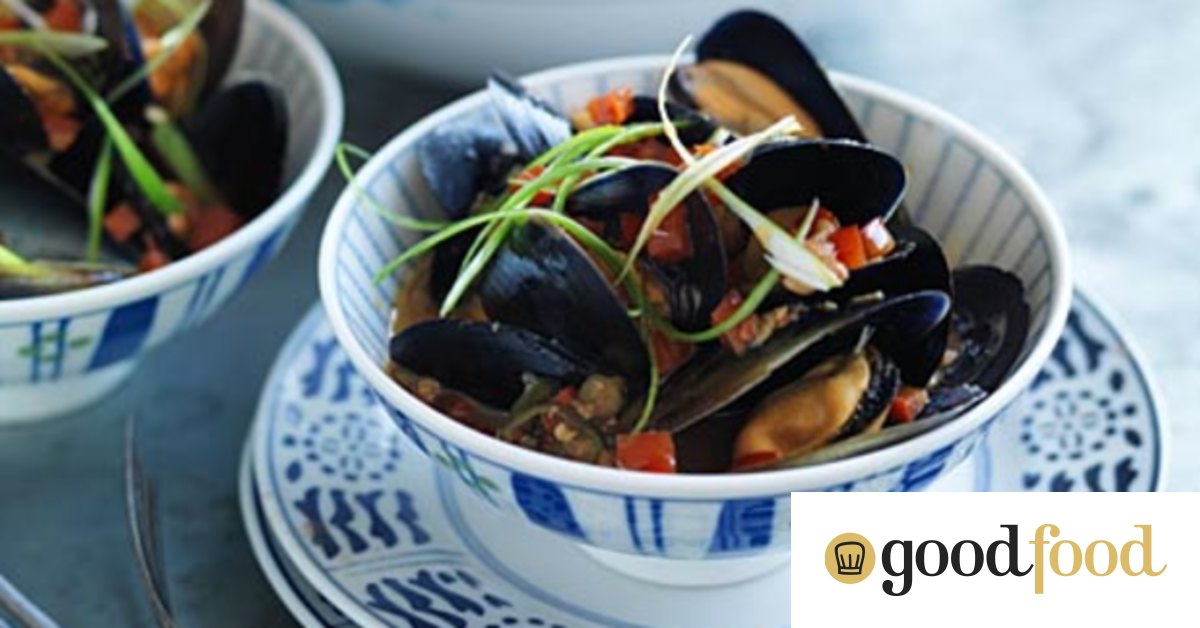 Stirfried mussels with red bean curd and chillies