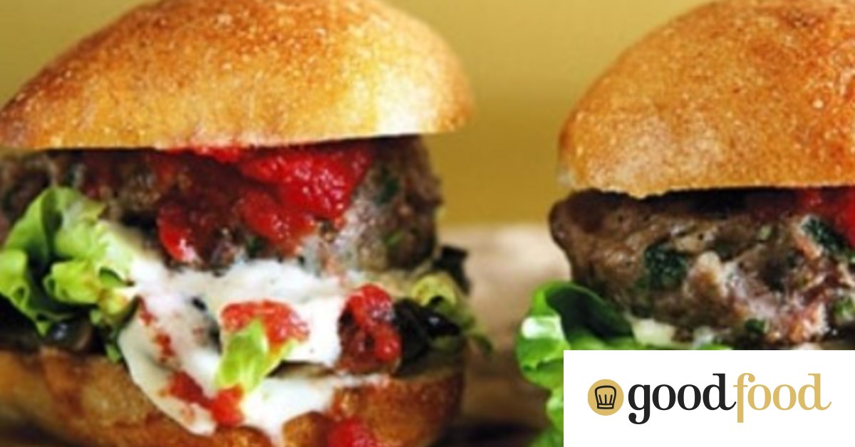 Barbecued pork and veal burgers with the trimmings