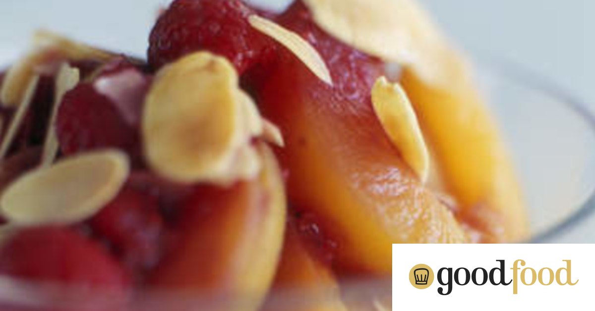 Stewed apricots with raspberry compote and almonds