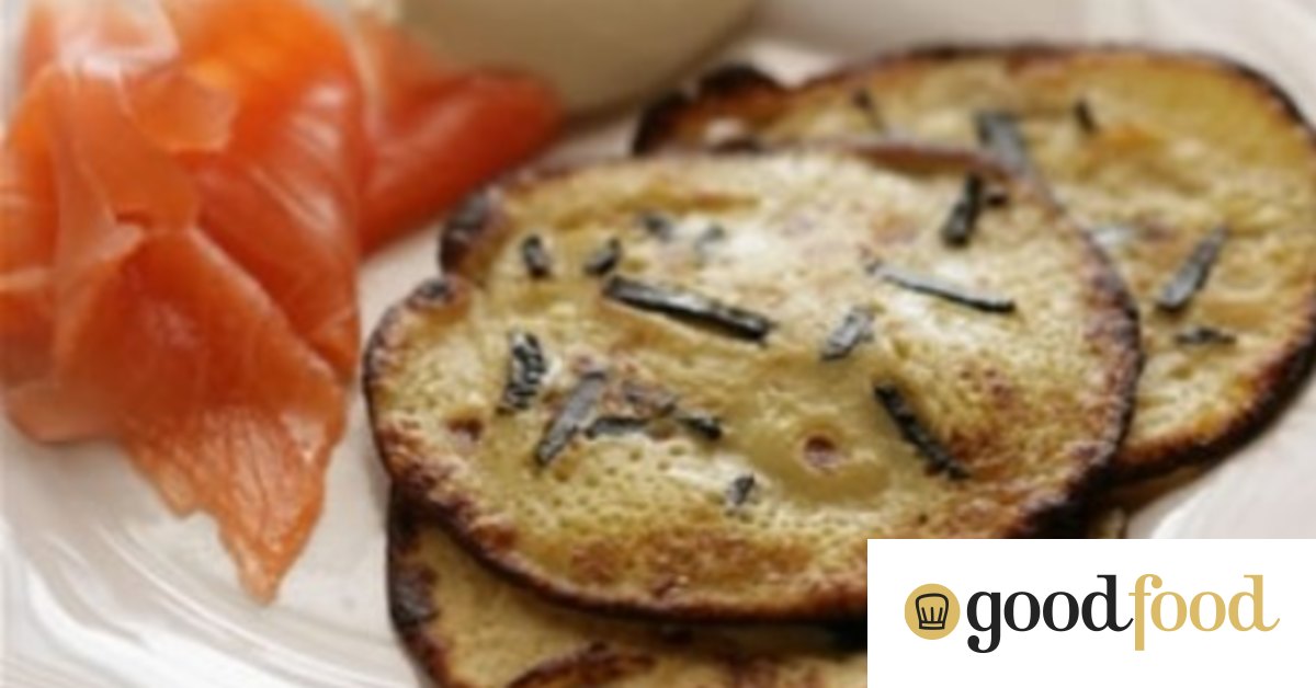 Blanc's potato pancakes with truffles and smoked salmon