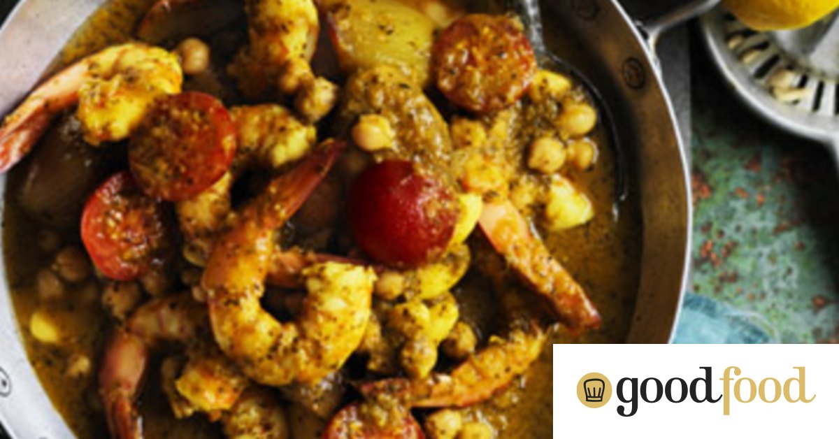 Tagine of king prawn, chickpeas, almonds and cherry tomatoes